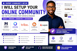 setup mighty networks, circle, tribe, buddyboss kajabi community platforms