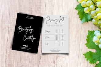 design price list, pricing guide, for photography, and other