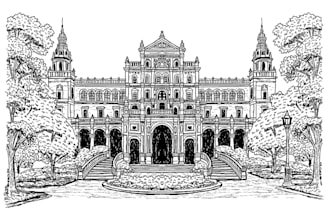 draw detailed line art or sketch illustration for building