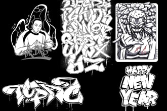 create graffiti logo and character in black and white