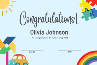 create custom kids certificate design for summer camps