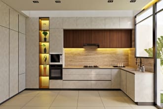 create kitchen interior and bathroom design with realistic renderings