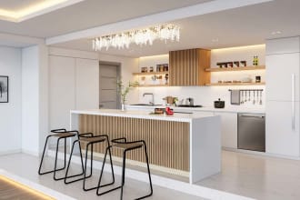 do realistic render of kitchen, restaurant, bar, café