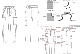 design leather, denim, pant wear flat sketch, and tech packs