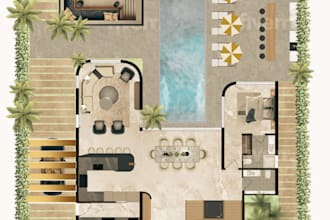 draw a full coloured floor plan more beautiful