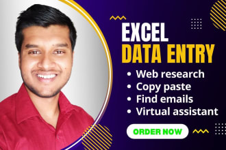 do excel data entry, copy paste, find email lists, web research, VA jobs in 24h