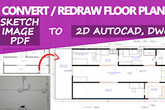 convert or redraw floor plan sketch image pdf to dwg, cad, autocad 2d draft