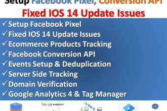 setup facebook pixel, fix ios 14 update issue, conversion api,  ga4, tag manager