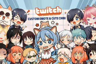 design twitch emotes, sub badges and cute chibi anime style for vtuber discord