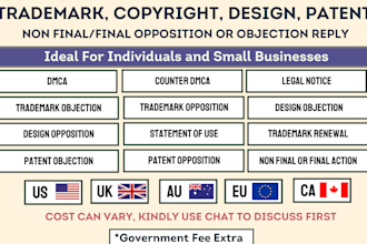 assist with trademark, patent, design, copyright consult, infringement, reply