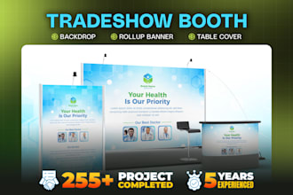 create exhibition booth, backdrop, rollup banner, feather flag, table cover