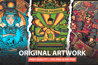 draw an custom illustration design for t shirt, game, merch, etc