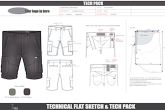 create professional fashion tech pack  with technical drawings