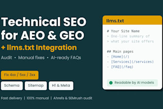do technical SEO audit, fix errors and add llms txt for ai search
