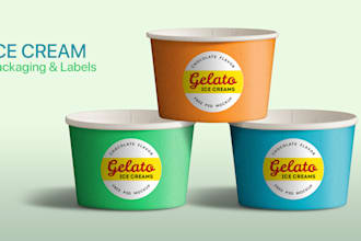 design ice cream packaging label, paper cup, and box packaging