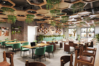 create 3d rendering for interior exterior room, restaurant