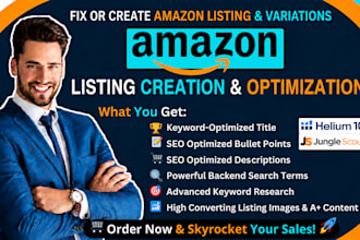 do amazon listing creation, listing variations, SEO optimization, and fix issues