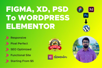 convert figma to wordpress, psd to wordpress, xd to wordpress with elementor pro