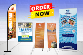 design feather flag, roll up banner, billboard and yard sign and signage