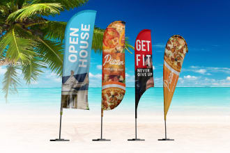 design feather flag, billboard ads, roll up banner and signage