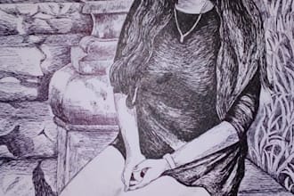 draw a portrait using ink, ballpoint pens and pencils