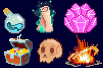 draw pixel art assets, objects, icons of all kinds