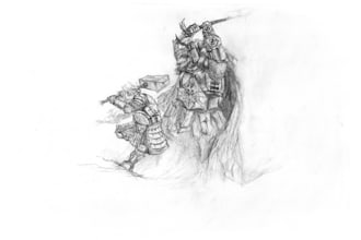 create hand drawn, action packed fantasy art