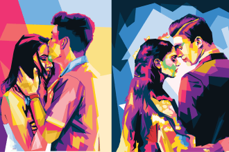 a stunning wpap couple portrait with geometric art and vibrant colors