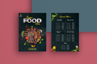 design an attractive food poster, flyer, banner, and menu card for restaurant
