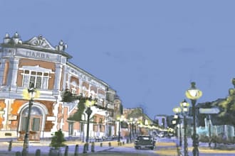hand paint landscape, house, building in digital watercolor painting