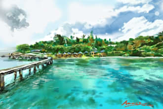 hand paint landscape, house, building in digital watercolor painting