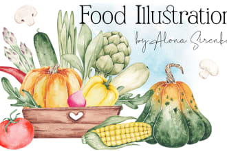 draw food, plants illustration by watercolor