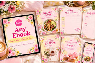 design printable planner, ebook, recipe book, cookbook, workbook, PDF on canva