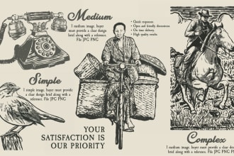 make a black and white vintage illustration hand drawn
