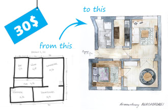 draw a real estate watercolor floor plans that sell