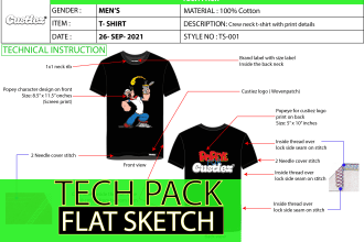 create tech pack and flat sketches for fashion design