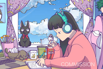 draw you as the lofi study girl in my aesthetic lofi style