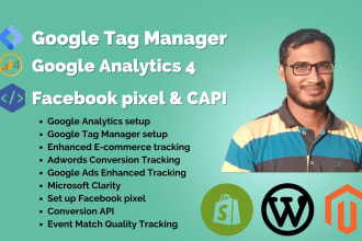setup gtm, ga4, microsoft clarity, fb conversion API or facebook events datasets