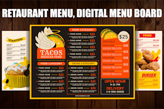 design restaurant menu, food menu, digital menu board, tv screen menu