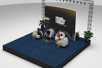 do 3d design and render, stage, studio for TV talk show