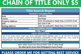 provide real estate property title search, chain of title only 5 dollar