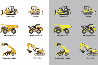 design construction or coal mining unit and heavy equipment icons or vectors