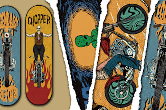 create artwork vintage, skull, alien, for skateboard deck