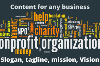 write an inspiring nonprofit mission statement, vision, about us, bio, slogans