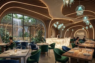 do photorealistic interior of restaurant, work space,  and residence