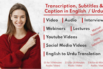 prepare english urdu transcription subtitles and captions