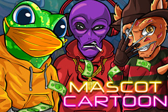 draw custom mascot cartoon character design for logo, t shirt design and poster