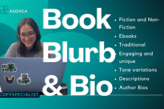 write a hooking book blurb, book description, and author bio