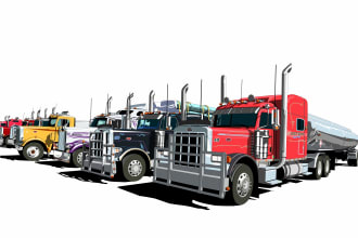 draw a detailed vector truck, bus, car, and motorcycle