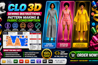 create clo 3d sewing instructions, pattern making, and fabric consumption